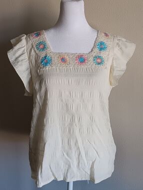 Spring Crochet Trim Flutter Sleeve Boho Top